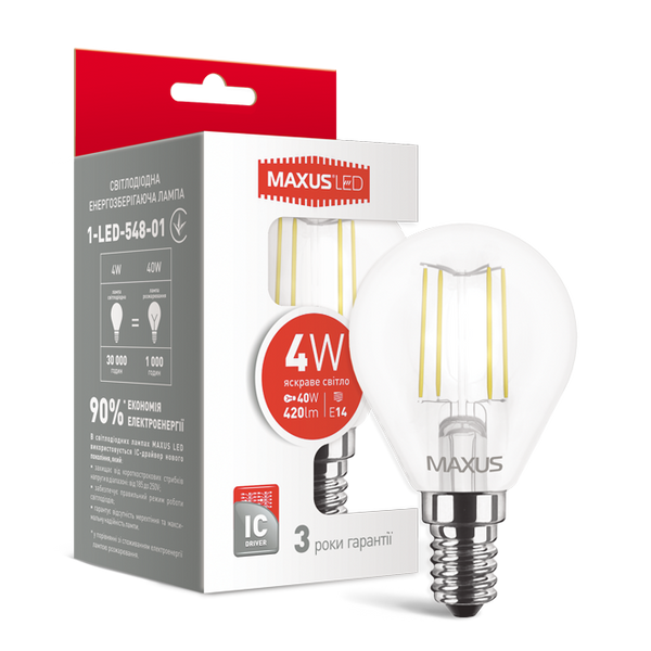 Лампа светодиодная филаментная MAXUS G45 4W яркий свет E14 (1-LED-548-01) 1-LED-548-01 фото